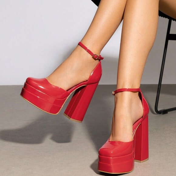 Red Fashionable Women's High Block platform Heels - Picture 2 of 9